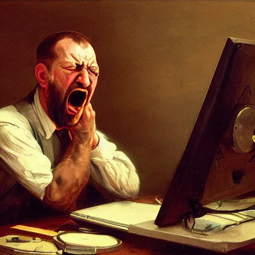 Image similar to an angry man yells at his computer monitor, oil on canvas, 1 8 8 3, highly detailed, high resolution