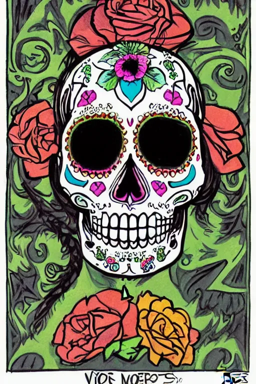 Image similar to illustration of a sugar skull day of the dead girl, art by victor moscoso