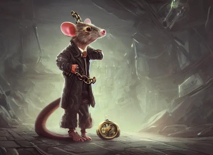 Image similar to a highly detailed illustration of a anthropomorphic rat wearing a long coat, glowing eyes, dramatic standing holding pocket watch with chain pose, infinite space clock background, muscular, intricate, elegant, highly detailed, centered, digital painting, artstation, concept art, smooth, sharp focus, league of legends concept art, wlop