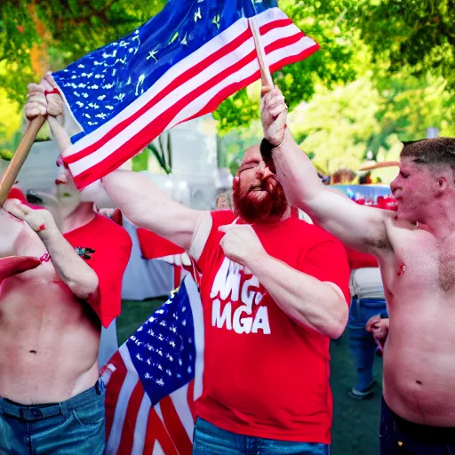 Image similar to maga supporters worshipping a sausage, canon eos r 3, f / 1. 4, iso 2 0 0, 1 / 1 6 0 s, 8 k, raw, unedited, symmetrical balance, full shot