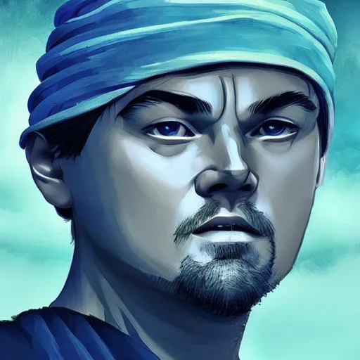 Image similar to “Leonardo DiCaprio, portrait!!! Mononoke-hime style, cartoon, blue sky with white clouds green hills and mountains on the background, fantasy, photorealistic, concept Art, ultra detailed portrait, 4k resolution”