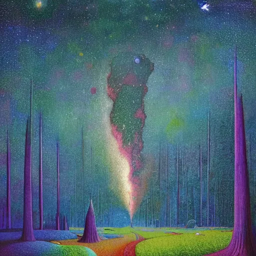 Prompt: psychedelic road trip lush pine forest, outer space, milky way, designed by arnold bocklin, jules bastien - lepage, tarsila do amaral, wayne barlowe and gustave baumann, cheval michael, trending on artstation, star, sharp focus, colorful refracted sparkles and lines, soft light, 8 k 4 k