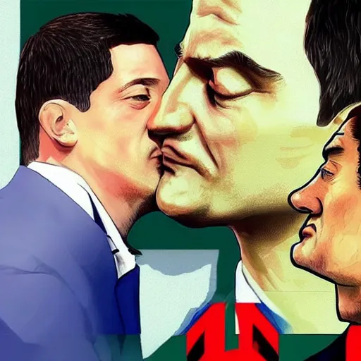 Image similar to Vladimir Putin kissing Zelensky in gta art style