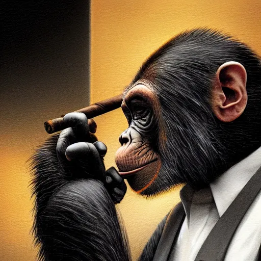 Image similar to a chimp wearing a suit smoking a cigar, dramatic lighting, cinematic, establishing shot, extremly high detail, photorealistic, cinematic lighting, artstation, style by James Gurney