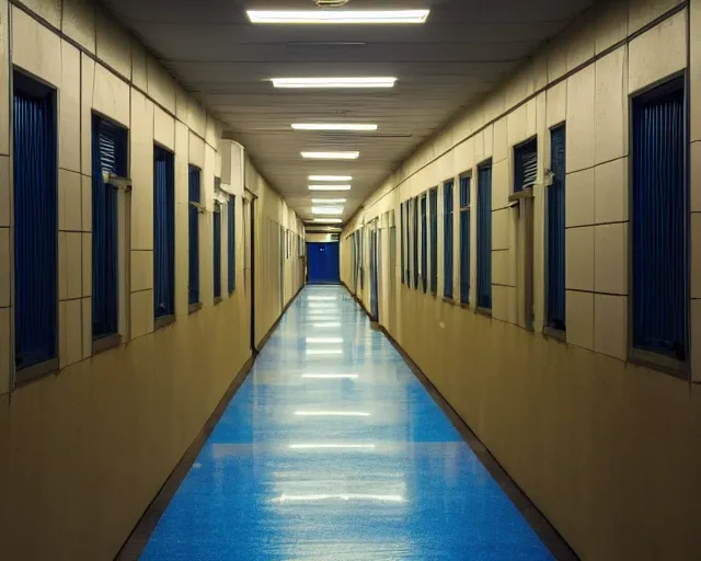 Image similar to a school corridor at night, night time, after hours, low light, blue, color