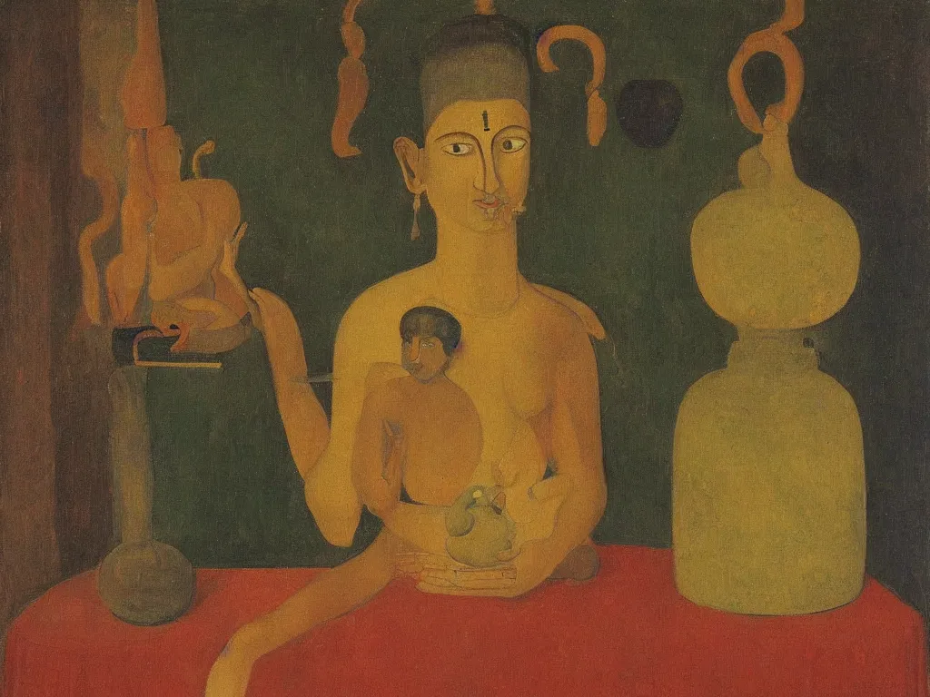 Image similar to Portrait of a Tantric deity with amphora. Lapis Lazuli, malachite, cinnabar. Painting by Balthus, Morandi