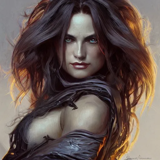 Image similar to portrait of a evil witch with scary eyes, soft hair, muscular, half body, leather, hairy, d & d, fantasy, intricate, elegant, highly detailed, digital painting, artstation, concept art, smooth, sharp focus, illustration, art by artgerm and greg rutkowski and alphonse mucha