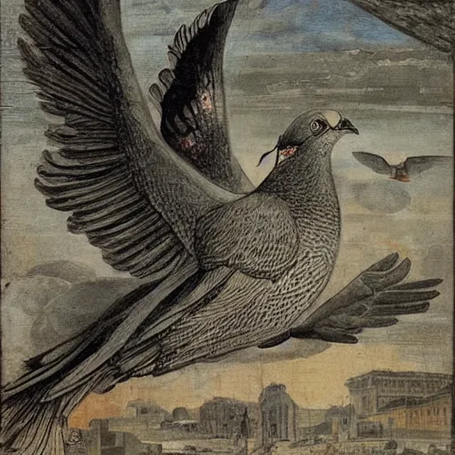 Prompt: pigeon, city, ancient land, illustration, scroll painting, mural, angelic, by annibale carracci