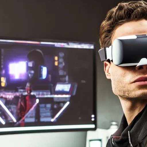 Prompt: a Portrait of a hacker wearing VR goggles, by Mr Robot, by Ready Player One, by Kung Fury, computer screens in the background, dark, dramatic, realistic studio lighting, realistic reflections, 4k, professional, canon