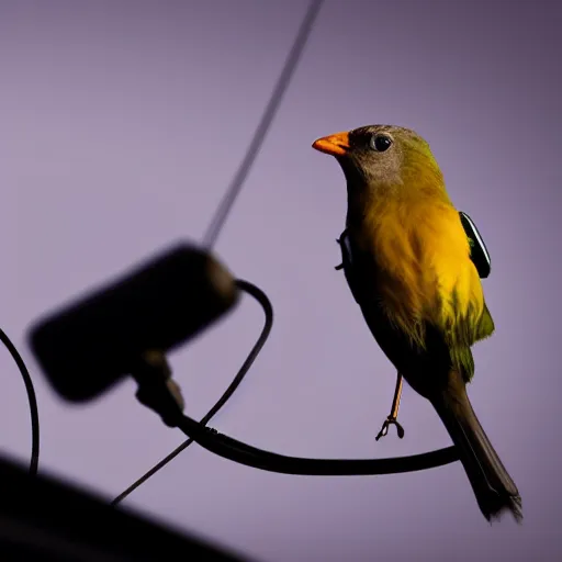 Image similar to A photograph of a bird wearing headphones and speaking into a microphone