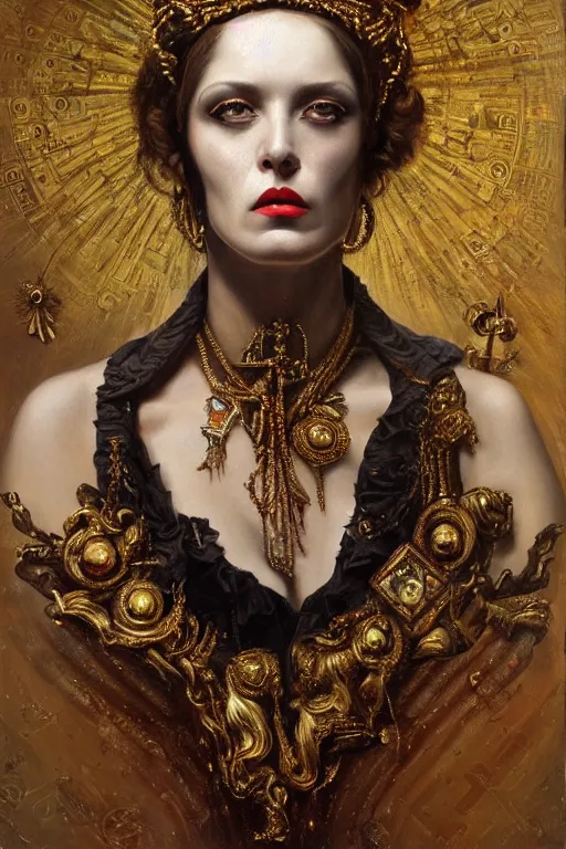 Image similar to hyper realistic painting portrait of the lady of punk, occult diagram, elaborate details, detailed face, intrincate ornaments, gold decoration, occult art, oil painting, art noveau, in the style of roberto ferri, gustav moreau, jean delville, bussiere, andrew gonzalez