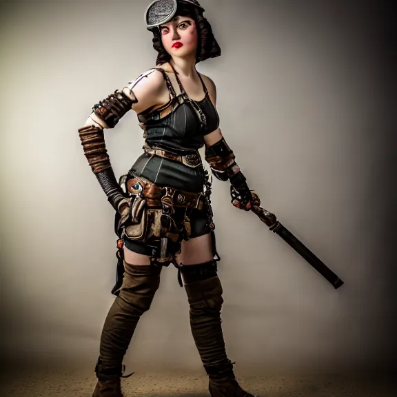 Image similar to full length photo of a very beautiful female dieselpunk warrior, 8 k, hdr, smooth, sharp focus, high resolution, award - winning photo