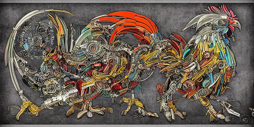 Prompt: colorful schematic of a fighting rooster made of car engine parts, schematic, dieselpunk, mix of styles, illustration, hand drawn, intricate, highly detailed