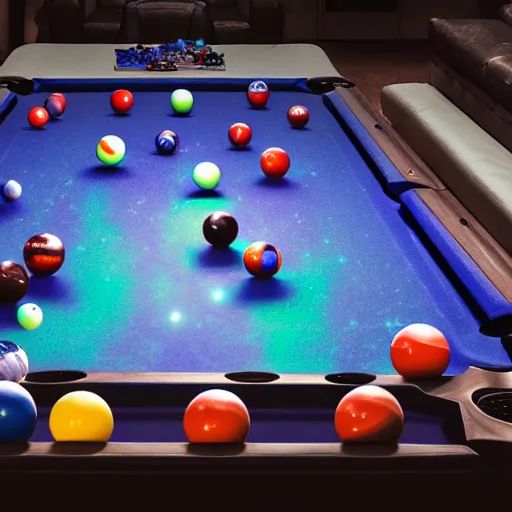 Image similar to planets of the galaxy as pool balls with pool balls containing galaxies and stars on a pool table with aliens holding pool sticks and drinking alien drinks movie still, cinematic, photorealistic, extreme detail, sharp focus, 8 k, intricate, hyper detailed, realistic, cinematic lighting