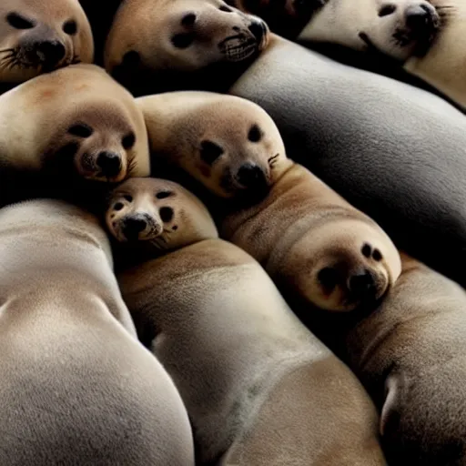 Prompt: a picture of a tall stack of fat baikal seals sleeping, facing camera, from tiktok, 4k ultra hd, realistic