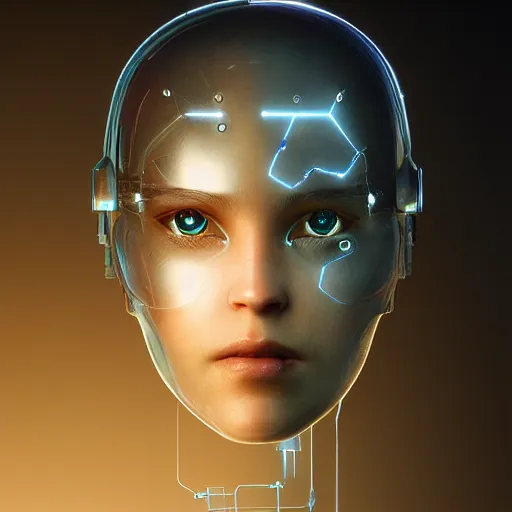 Prompt: headshot of humanoid robot from ex machina, cyborg implants, electronic brain, glowing circuitry, highly detailed, intricate and elegant, cinematic lighting, glass, transparency, jean - baptiste monge, greg rutkowski, moebius