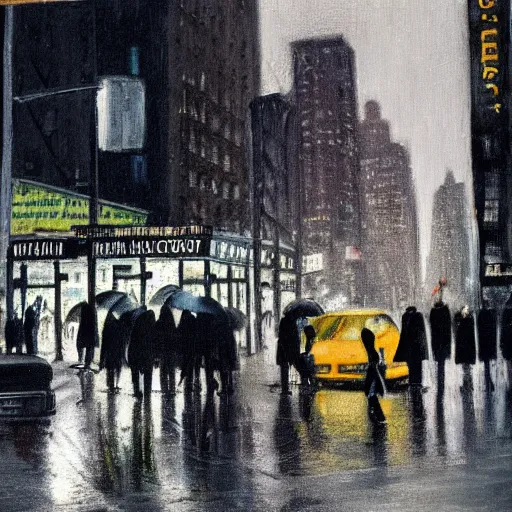 Image similar to a busy crosswalk on a rainy street in new york in the 1 9 6 0 ‘ s with lots of people walking around at night with advertisement neon lights on the buildings around it, painting eugene de la croix high detail, smooth, beautiful, aesthetic,