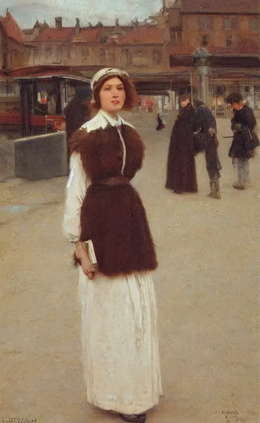 Prompt: portrait by eugen von blaas! woman!! short brown hair!! fuzzy hair! looking away!! train station in the background!!!