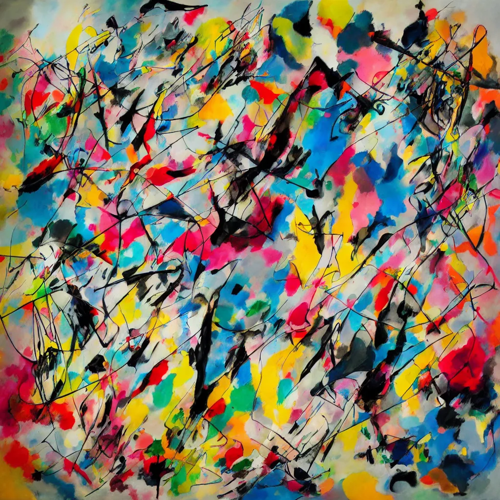 Prompt: abstract expressionist painting, paint drips, acrylic, wildstyle, clear shapes, maximalism, smeared flowers, origami crane drawings, oil pastel gestural lines, large triangular shapes, painting by ashley wood, wassily kandinsky