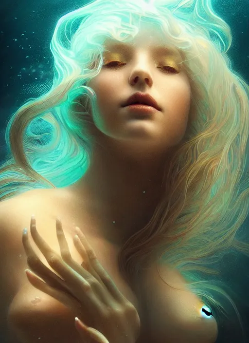 Prompt: a dreamy moody underwater photographic portrait of a anthropomorphic bioluminescent liquid wave, dramatic volumetric lighting, fantasy, intricate, elegant, highly detailed, digital painting, artstation, concept art, smooth, sharp focus, illustration, art by artgerm and h r giger and alphonse mucha