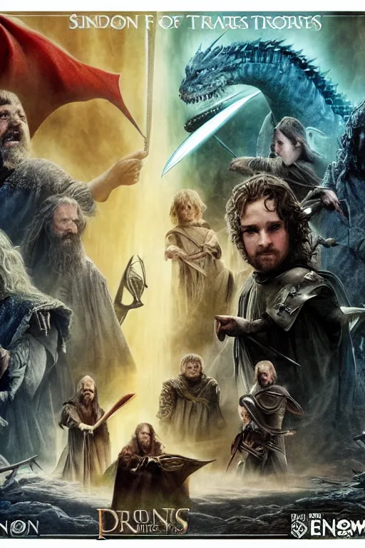 Image similar to epic fantasy journey, lotr, sandstorm, tom cruise, game of thrones, dragon, lord of the rings, the hobbit, stranger things, by drew struzan