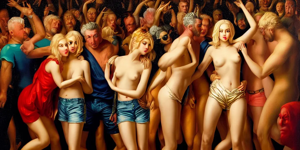 Prompt: a blonde lady surrounded by men in shorts in a nightclub, abstract oil painting by gottfried helnwein pablo amaringo raqib shaw zeiss lens sharp focus high contrast chiaroscuro gold complex intricate bejeweled