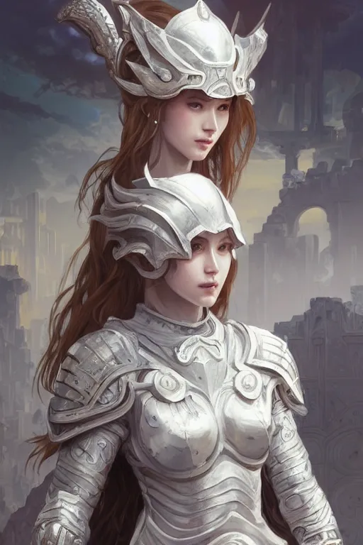 Image similar to portrait young knights of Zodiac girl, matt white color armor, in ruined Agora of Athens Sunrise, ssci-fi and fantasy, intricate and very beautiful and elegant, highly detailed, digital painting, artstation, concept art, smooth and sharp focus, illustration, art by tian zi and WLOP and alphonse mucha