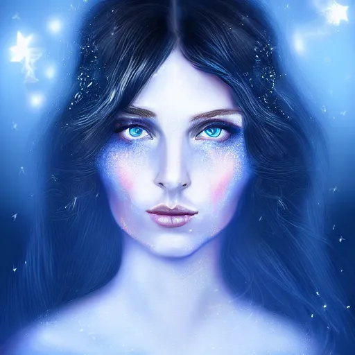 Image similar to magical brunette scottish woman with pale skin and deep blue eyes, digital art, glowing complexion