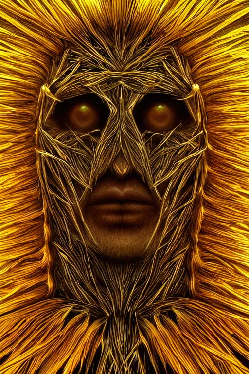 Prompt: corn dandelion humanoid figure monster, symmetrical, highly detailed, digital art, sharp focus, trending on art station, amber eyes, amber glowing