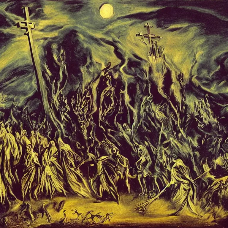 Prompt: A Holy Week procession of grim reapers in a lush Spanish landscape at night. A hooded figure at the front holds a cross. El Greco, Remedios Varo, Salvador Dalí, Zdzisław Beksiński. Technicolor. Very saturated colors.