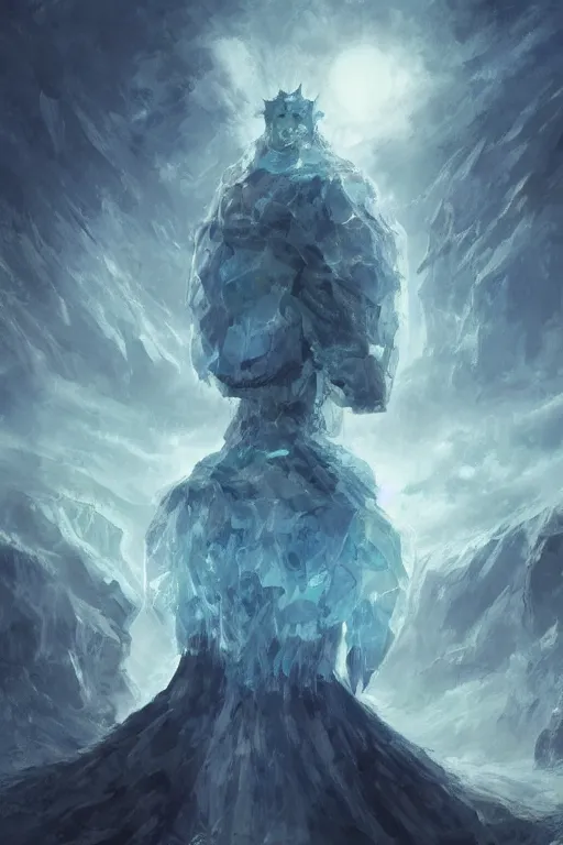 Prompt: a man stand in front of a Crystal Golem, Fantasy Art