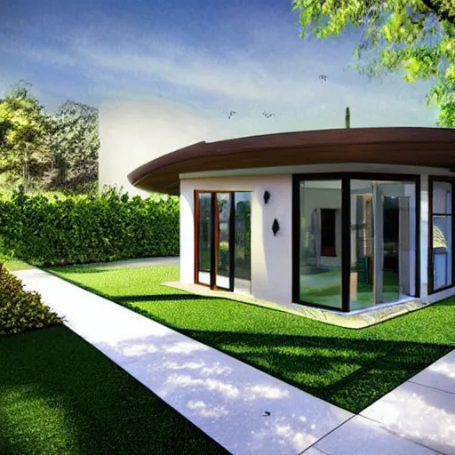 Prompt: design of a garden house, modern style, vivid lighting, photorealist