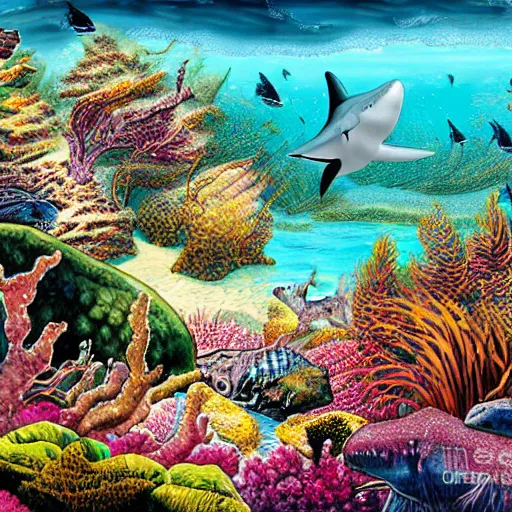 Image similar to ocean shark oasis mountain maori travel, digital art, highly detailted,