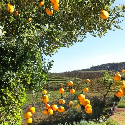 Prompt: a beautiful sunny afternoon in Northern Portugal, countryside, gardens with orange trees and lemons trees