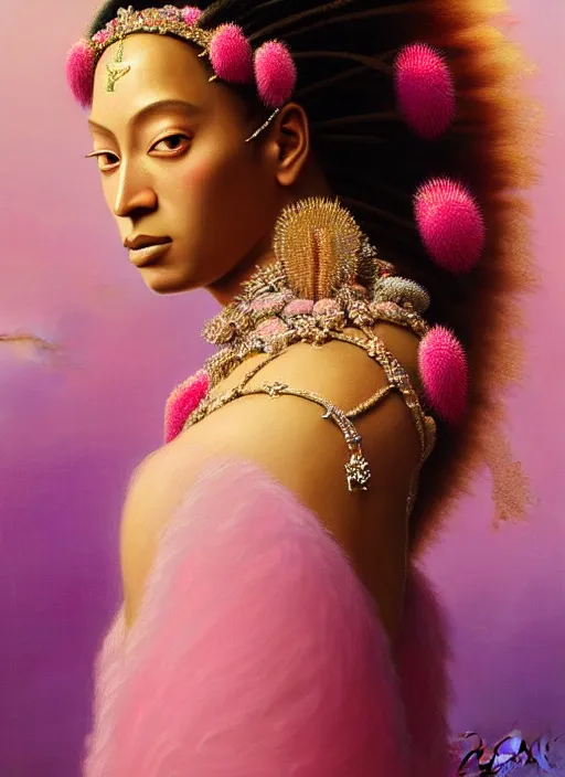 Prompt: stunning beyonce giselle knowles as a japanese godess, detailed pink and white protea head peace against a black backdrop by ivan aivazovsky, wlop, sharp details, photorealism, oil painting, beautiful soft lighting, muted colours, artstation