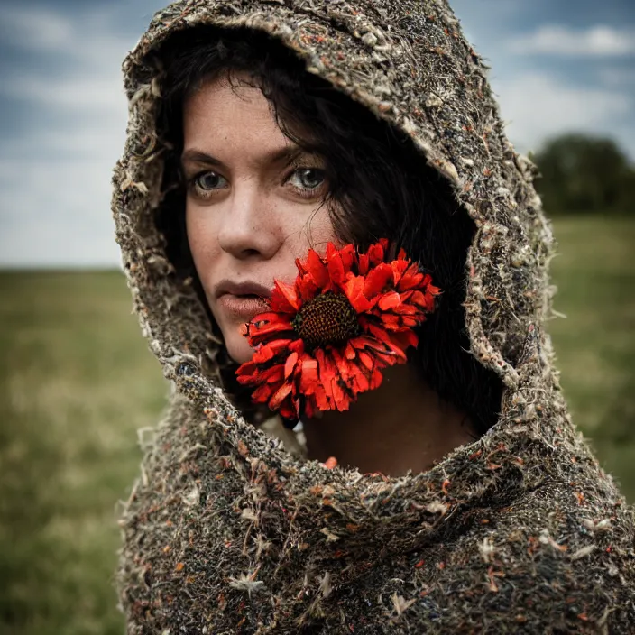 Image similar to a closeup portrait of a woman wearing a hooded cloak made of zinnias and barbed wire, in a derelict house, by Manny Librodo, natural light, detailed face, CANON Eos C300, ƒ1.8, 35mm, 8K, medium-format print