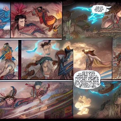 Image similar to xianxia comic book page, detailed, full color