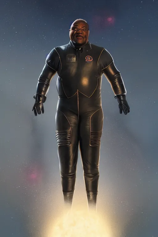 Image similar to portrait of a black man as baron harkonnen wearing leather spacesuit, standing on rocky outcrop, detailed, nebula space background, illustration by normal rockwell, artstation character art, adebanji alade, concept art, greg rutkowski