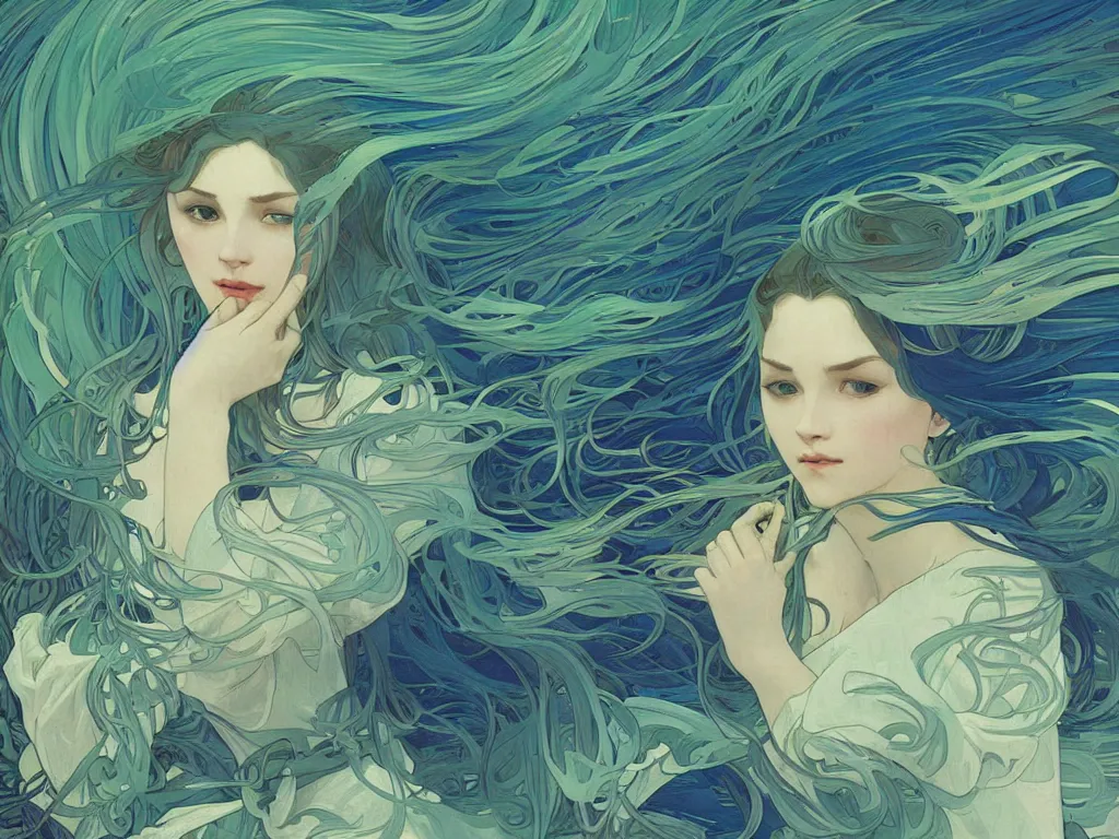 Prompt: blue and green waves, artstation, concept art, smooth, sharp focus, illustration, art by alphonse mucha and tian zi and WLOP