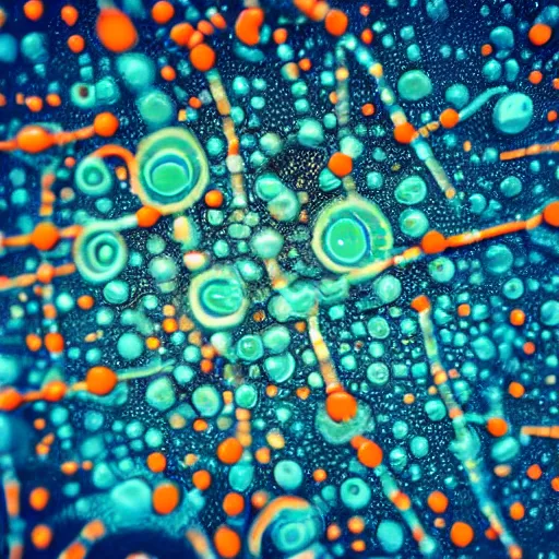 Image similar to microscopic petri dish photo of a transparent sectioned blue - green rod - shaped flagellated bacteria, microscopic photo, orange, dark black background, fluids inside