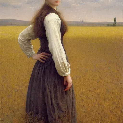 Image similar to a detailed, intricate oil painting portrait of a ukrainian peasant girl who resembles a teenage saoirse ronan and emma watson, in a field of grain, by william adolphe bougereau, john williams waterhouse, and donato giancola