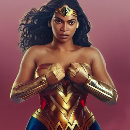 Prompt: full figure ultra realistic illustration, beyonce as wonder woman, beautiful, intricate, elegant, highly detailed, digital painting, artstation, concept art, smooth, sharp focus, illustration, art by artgerm and greg rutkowski and alphonse mucha