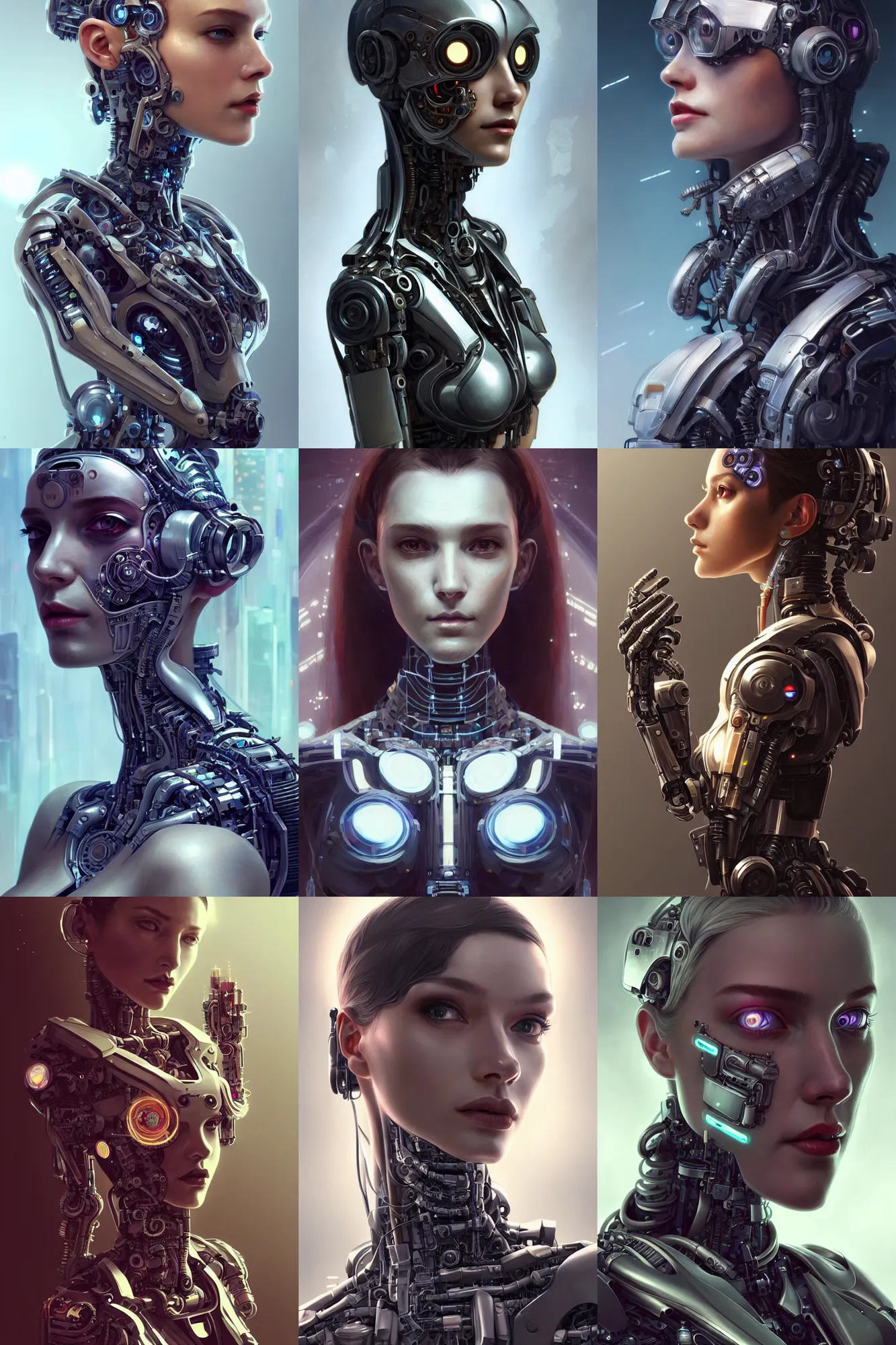 Prompt: half - body - portrait of a mechanical cyberpunk female android, intricate, elegant, super highly detailed, professional digital painting, artstation, concept art, smooth, sharp focus, unreal engine 5, photorealism, hd, 8 k, beautiful, cinematic, art by artgerm and greg rutkowski and alphonse mucha and loish and wlop