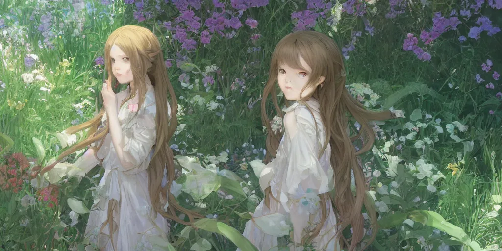 Prompt: a digital art of a loli with long hair in a dress in the privet garden at after noon, green and warm theme, by krenz cushart and mucha and akihito yoshida and greg rutkowski and makoto shinkai, detailed eyes, 4 k resolution 、 trending on art station