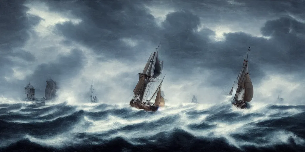 Prompt: a man o war sailing through a heavy storm at night, art, high definition, high detail, 8k,