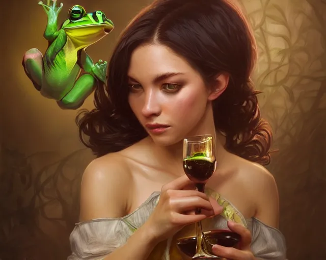 Image similar to photography of princess frog drinking wine, d & d, fantasy, intricate, elegant, highly detailed, digital painting, artstation, concept art, matte, sharp focus, illustration, hearthstone, art by artgerm and greg rutkowski and alphonse mucha