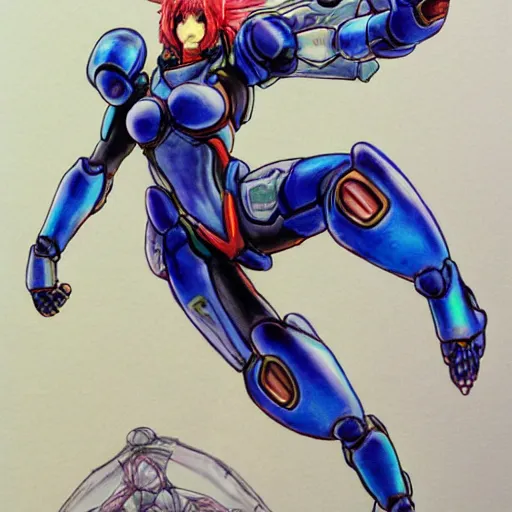 Prompt: Samus Aran from Metroid as illustrated by Yoshitaka Amano. 1994. Acrylic and Watercolor on lithography paper.