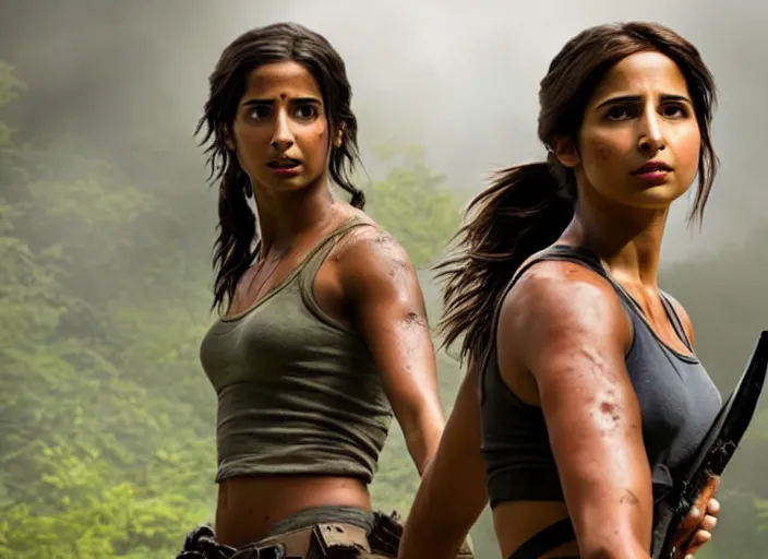 Image similar to film still of!!!! naomi scott!!! as lara croft in new tomb raider movie, 8 k