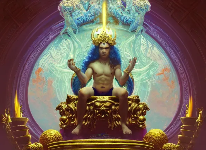 Image similar to wide view picture of a extremely beautiful and aesthetic lord of materialization, sitting on the throne, centred position, bright hair, floating greed cubes on the background, lighting eyes, magic and fantasy, highly detailed face, specular reflection, occlusion shadow, intricate, masterpiece, by ilya kuvshinov and jeremy lipking and quentin mabille