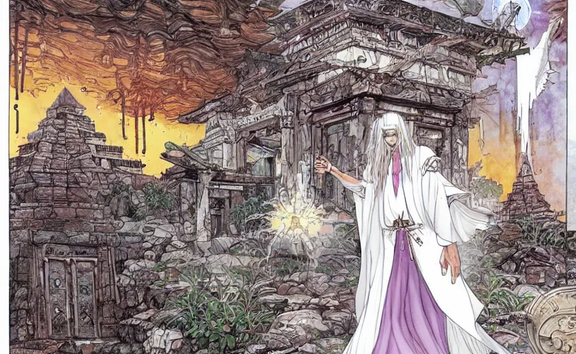 Image similar to A white priestess is conjuring a spell inside the ancient and mythical temple. By Masamune shirow